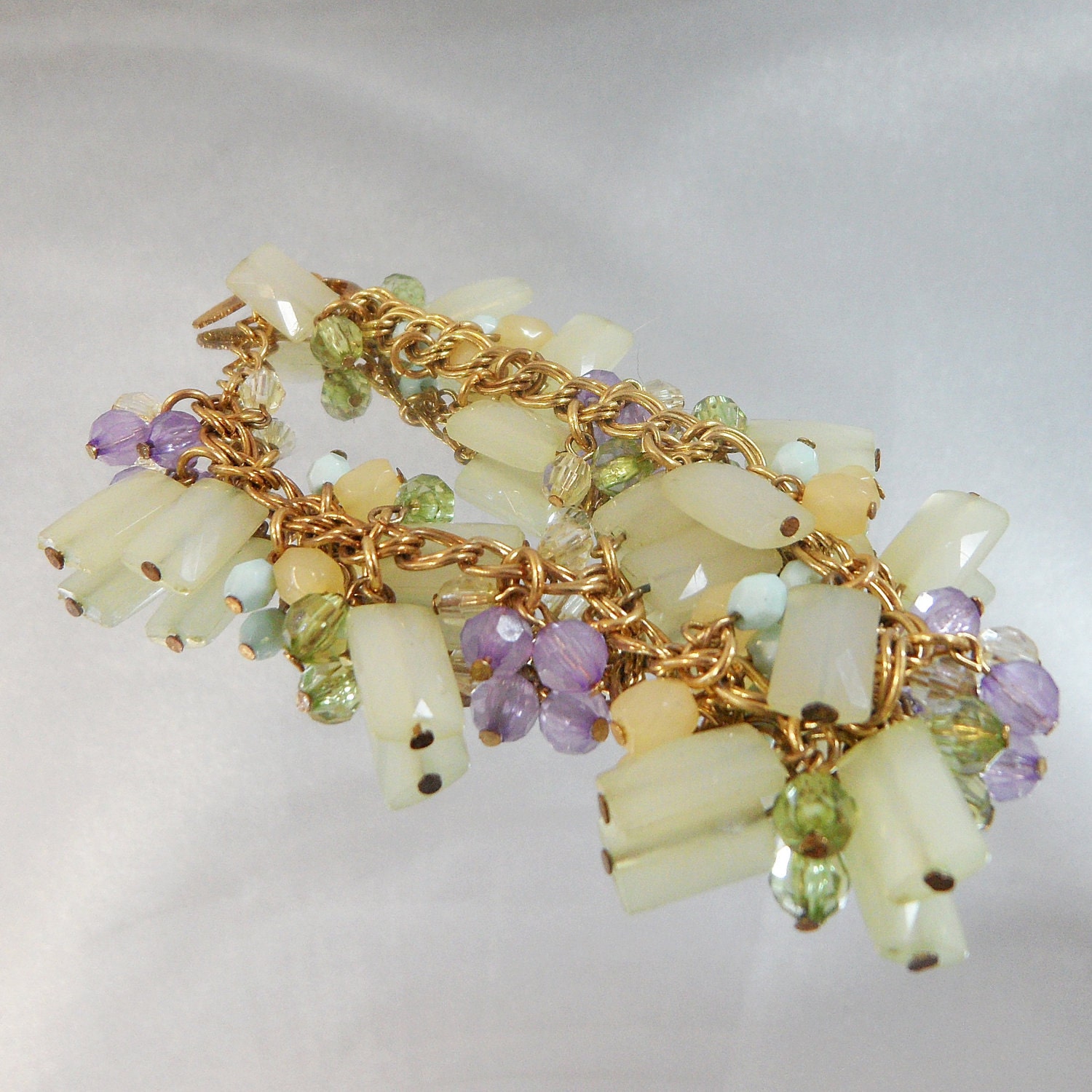 Vintage Charm Bracelet.  Frosted Beads.  Green. Mint. Purple.