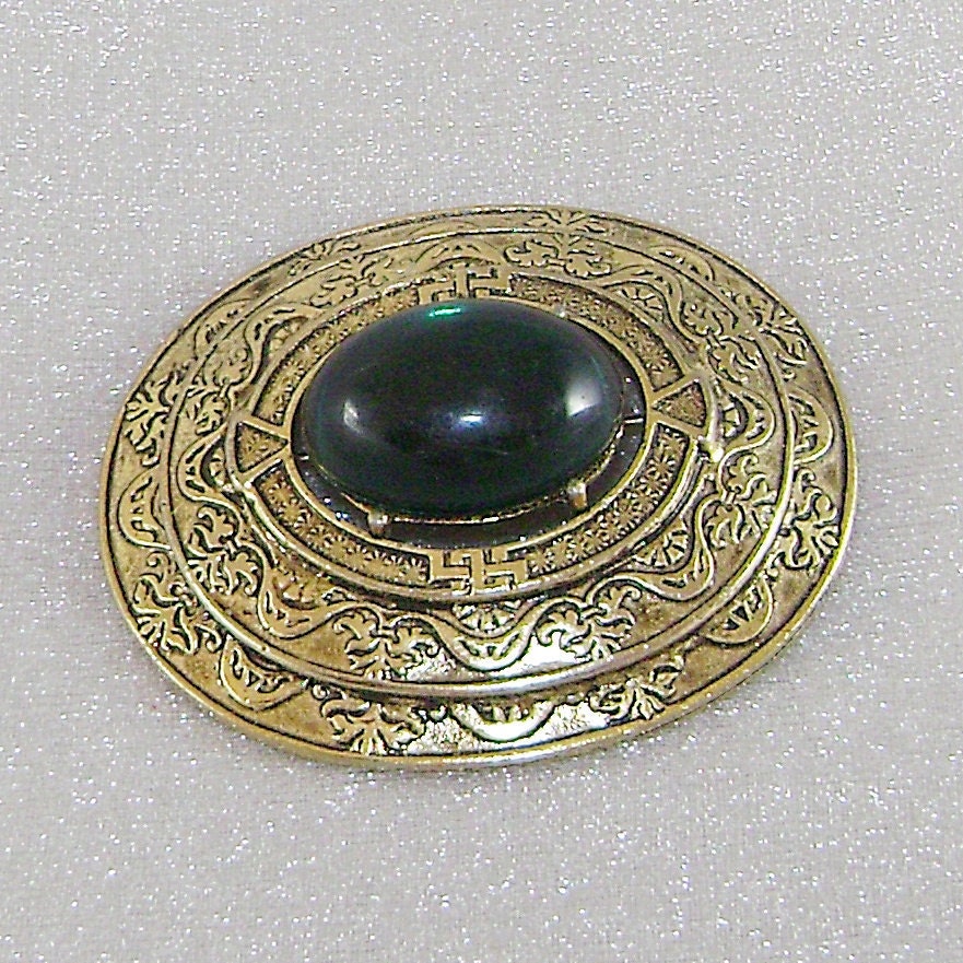 Victorian Revival Vintage Brooch Green Cabochon