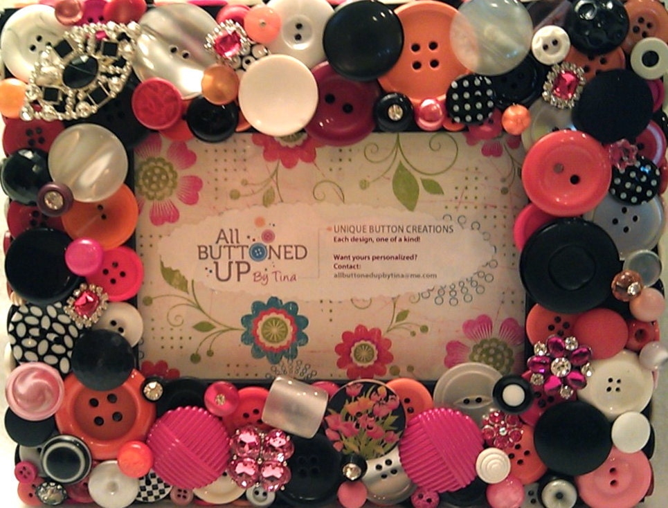 Black, White, Pink & Orange Button Picture Frame for 4"x6" Photo