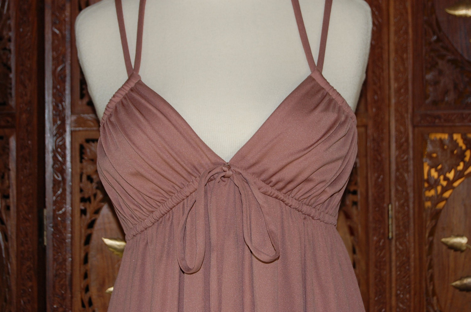 Vintage 1970s FRANK USHER Tan Jersey Grecian Empire Maxi Dress Sz US 4/6