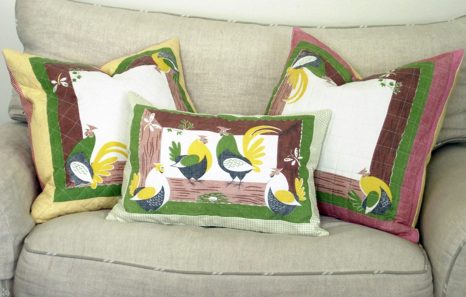 Decorative Throw Pillows with Vintage Roosters and Chickens, Set of 3, OOAK Quilted Decorator Cushions