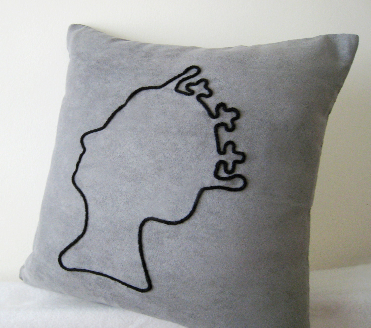 Elegant Queen Grey And Black Suede Pillow Cover. Yarn Hand Embroidery. Color Choice