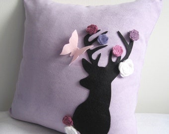 Secret Garden. Deer Dreaming Of Spring Soft Lilac Pillow Cover. Decorative Cushion. Housewarming Gift