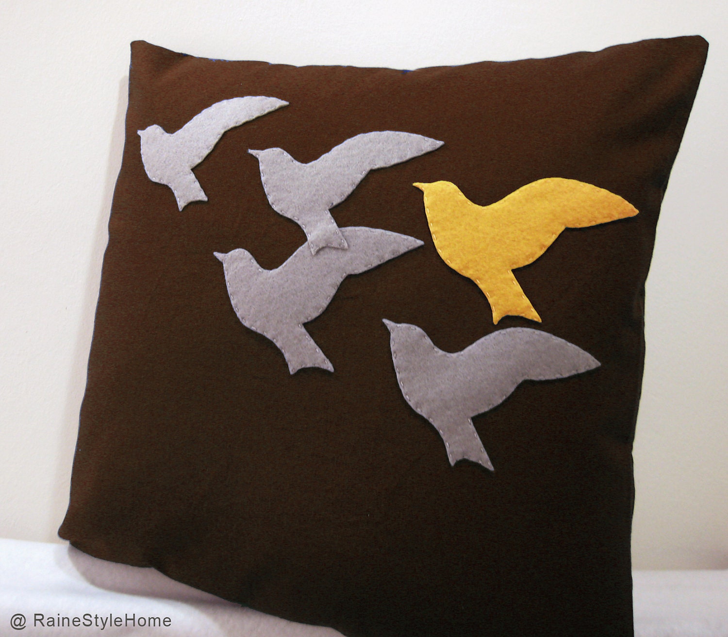 The Unique One. Tangerine Bird In Flying Birds Brown Pillow Cover. MADE-TO-ORDER