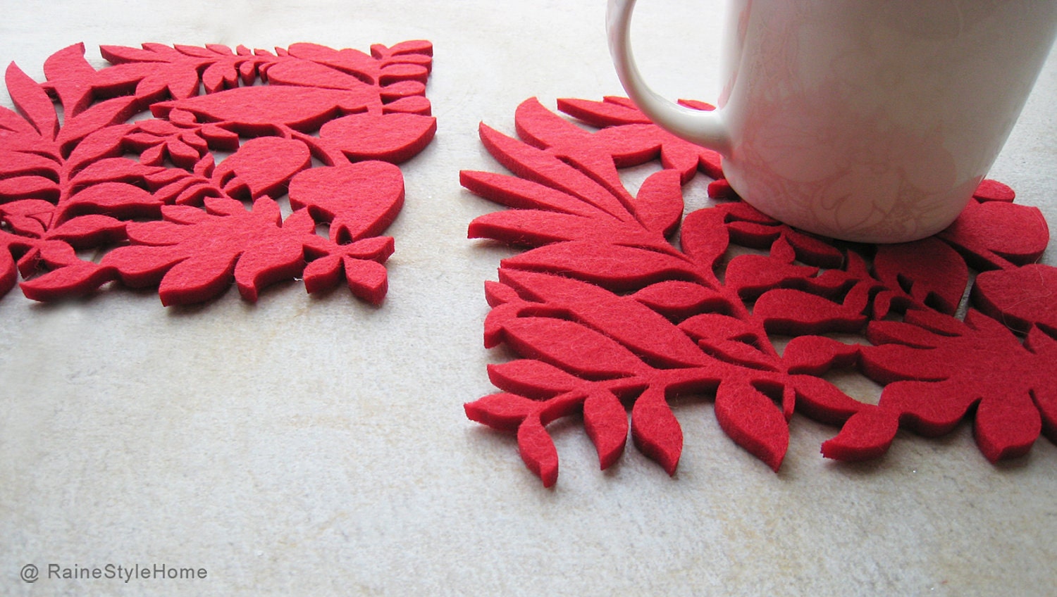 Autumn Leaves Autumn Ferns Red Felt Coasters. Set Of Four. Nature Lovers.