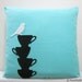 White Bird Resting On Teacups Light Blue Pillow Cover. Modern Tea Time. Black