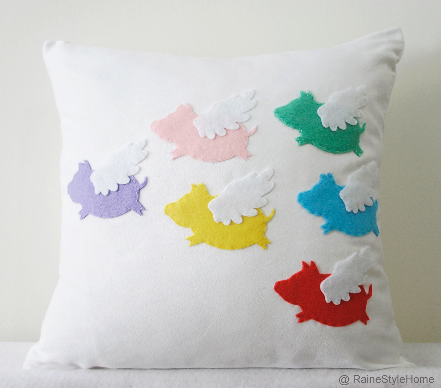 When Pigs Fly. Colorful Flying Pigs White Pillow Cover. Decorative Nursery Gift. Wonderland
