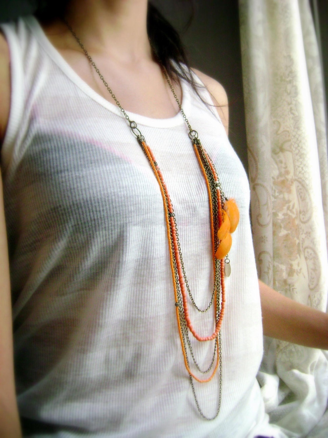 Indian - Indie bohemian style orange feathers long multiple chain necklace