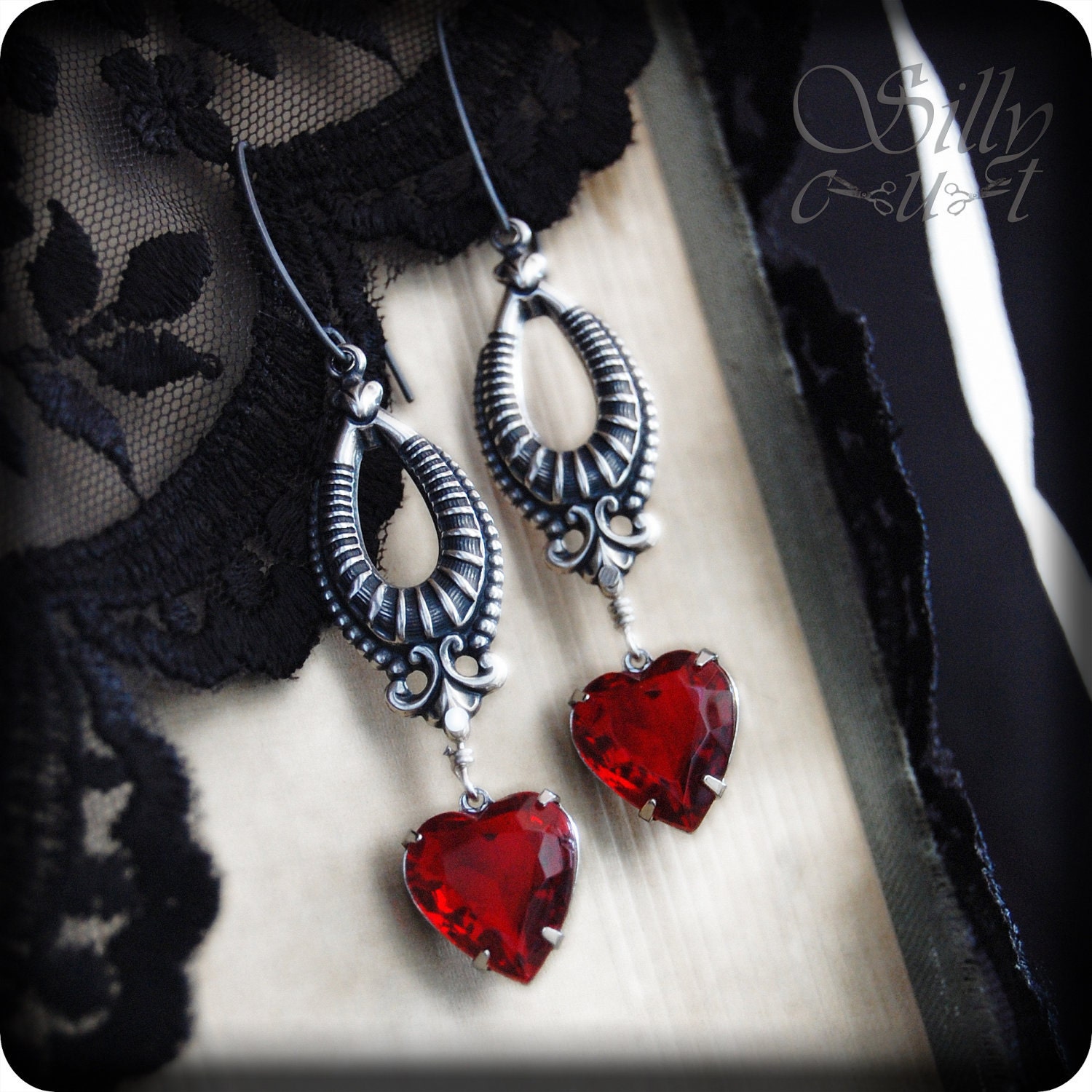 earrings - RED HEARTS - ooak,  gothic, victorian, neovictorian, love, gift, romantic, red