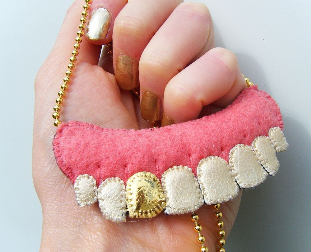 LAST ONE - Felt & Vegan Leather Necklace - Pearly Whites - MADE to Order