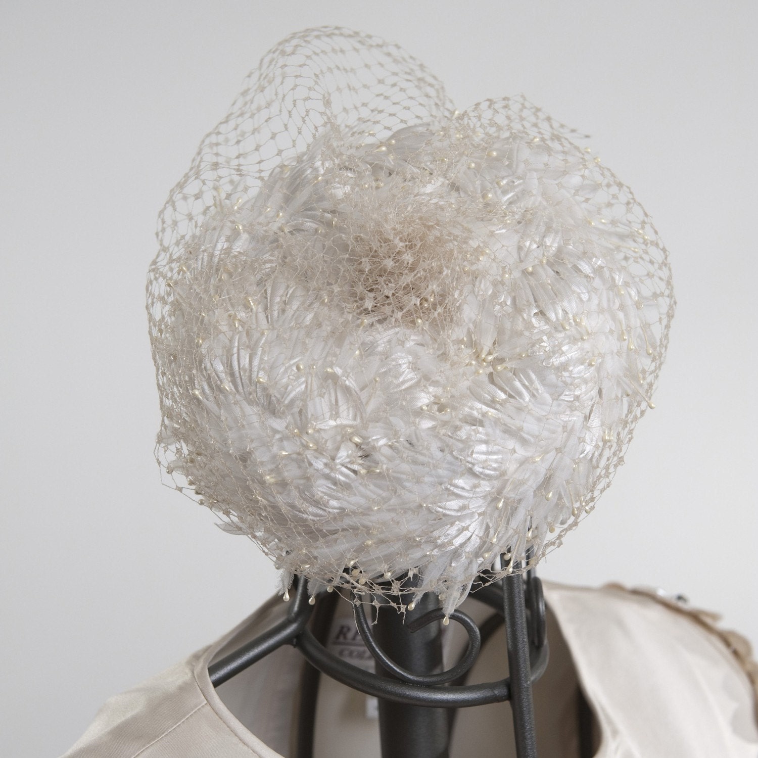 Elsie-Lou Originals Bridal White Pilbox Hat - Satin Organza and Pearl Feathers - Birdcage Veiling