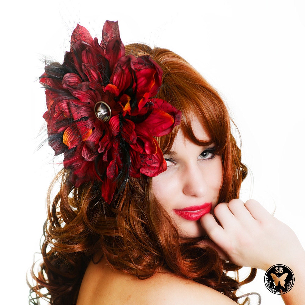 Huge Red Sunflower Fascinator - Red and Black Feathers - Birdcage Veiling Accents - Knight