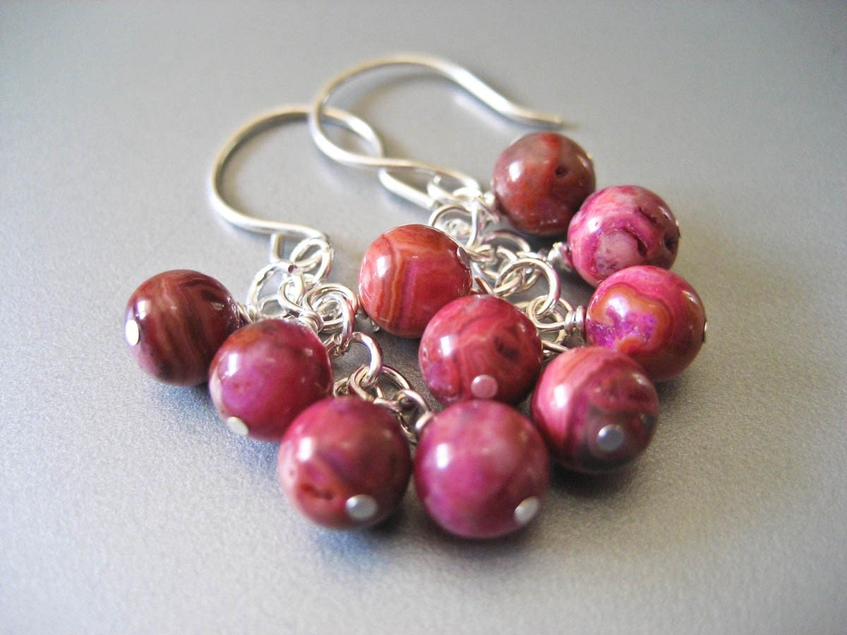 Pink Earrings - Bright Pink Crazy Lace Agate Sterling Silver Cluster Earrings