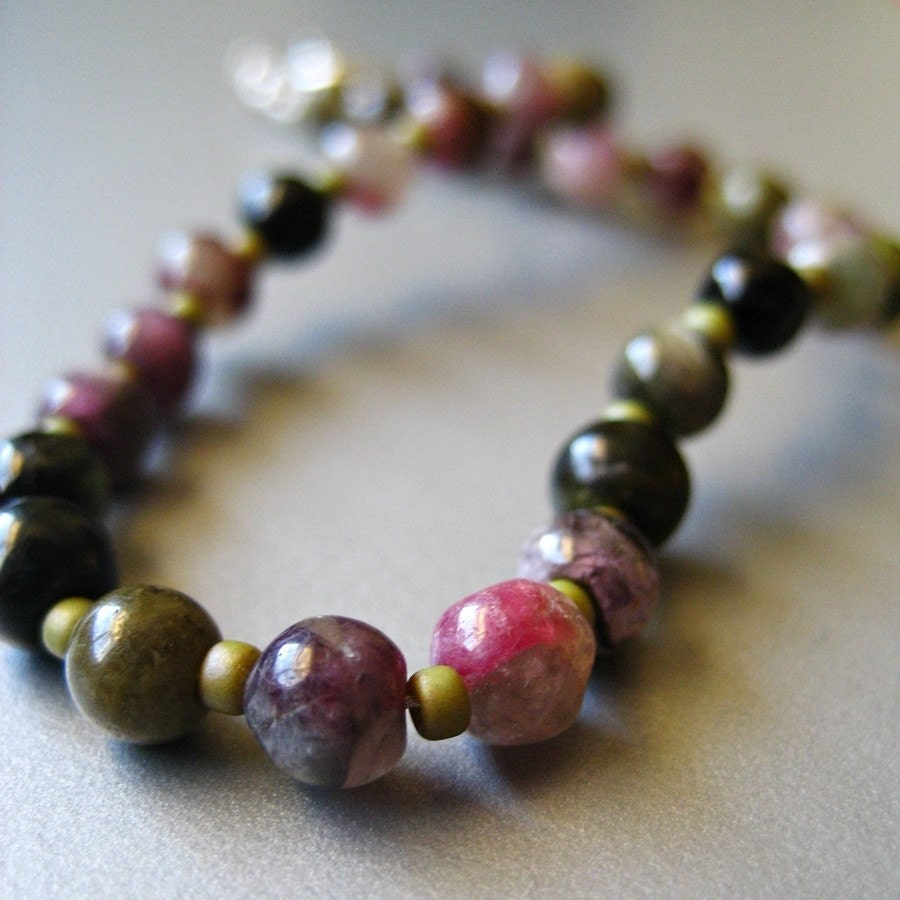 Pink and Green Multicolored Bracelet - Natural Tourmaline Sterling Silver Bracelet