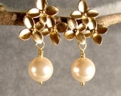 Pearl Earrings - Gold Pearl Earrings, Pearl Gold Post Cherry Blossom Earrings (4255)