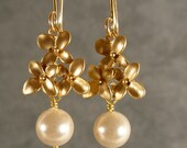Wedding Jewelry - Pearl Gold Bridesmaid Gifts, Pearl and Gold Cherry Blossom Dangle Earrings (4274W)