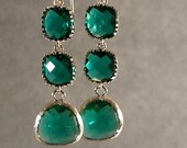 Triple Tier Teal Green Glass Silver Bridesmaid Earrings, Wedding Earrings, Bridesmaid Jewelry, Silver Earrings (4279)