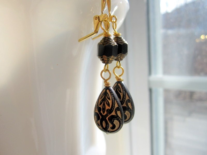 Black Gold Earrings Darjeeling Vintage Lucite Czech Glass