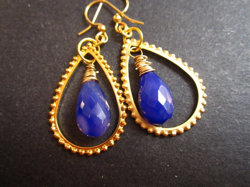Gold Earrings Purple Chalcedony Frame by MinouBazaar