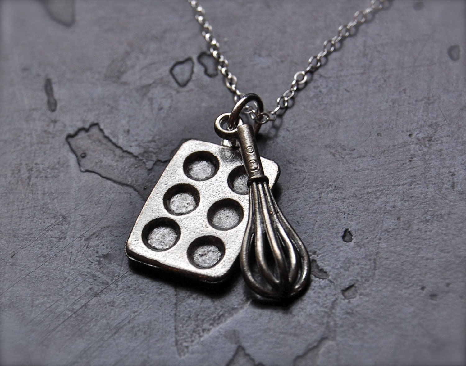 Baking Necklace Cupcake/Muffin Pan and Whisk Charms Sterling Silver Chain