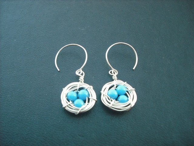 robin's little nest earring - sterling silver - new version - mountain jade turquoise bead