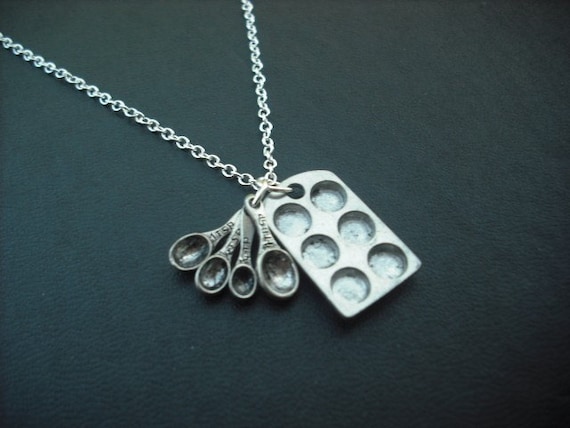 muffin pan and measuring spoon necklace