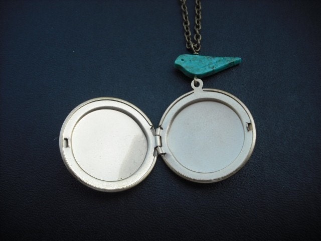 flower tree locket with turquoise bird necklace