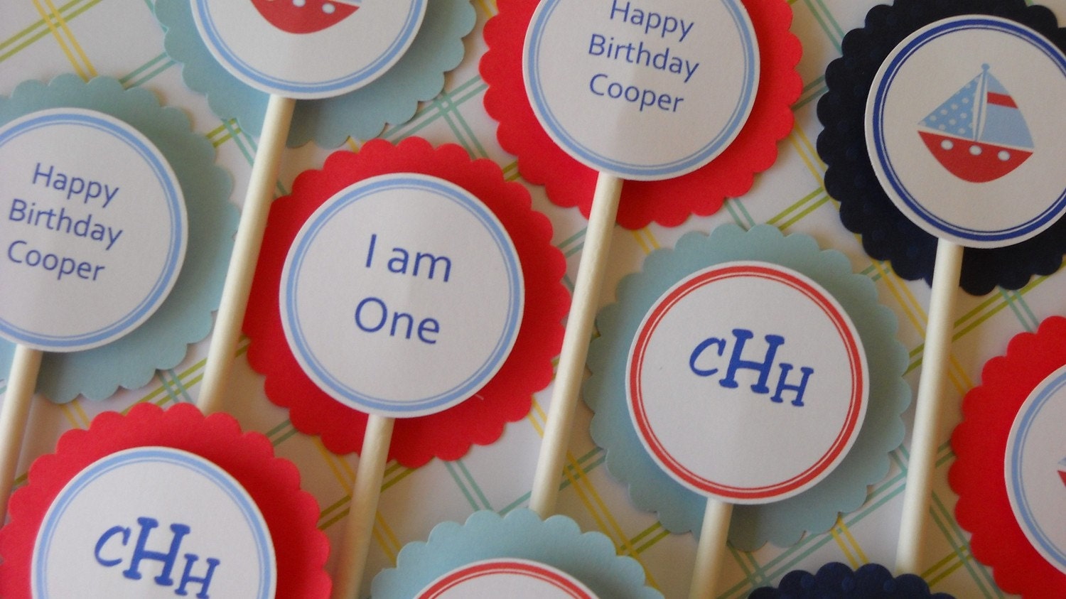Cupcake Toppers, sailboat theme, blue, red, navy Il_570xn