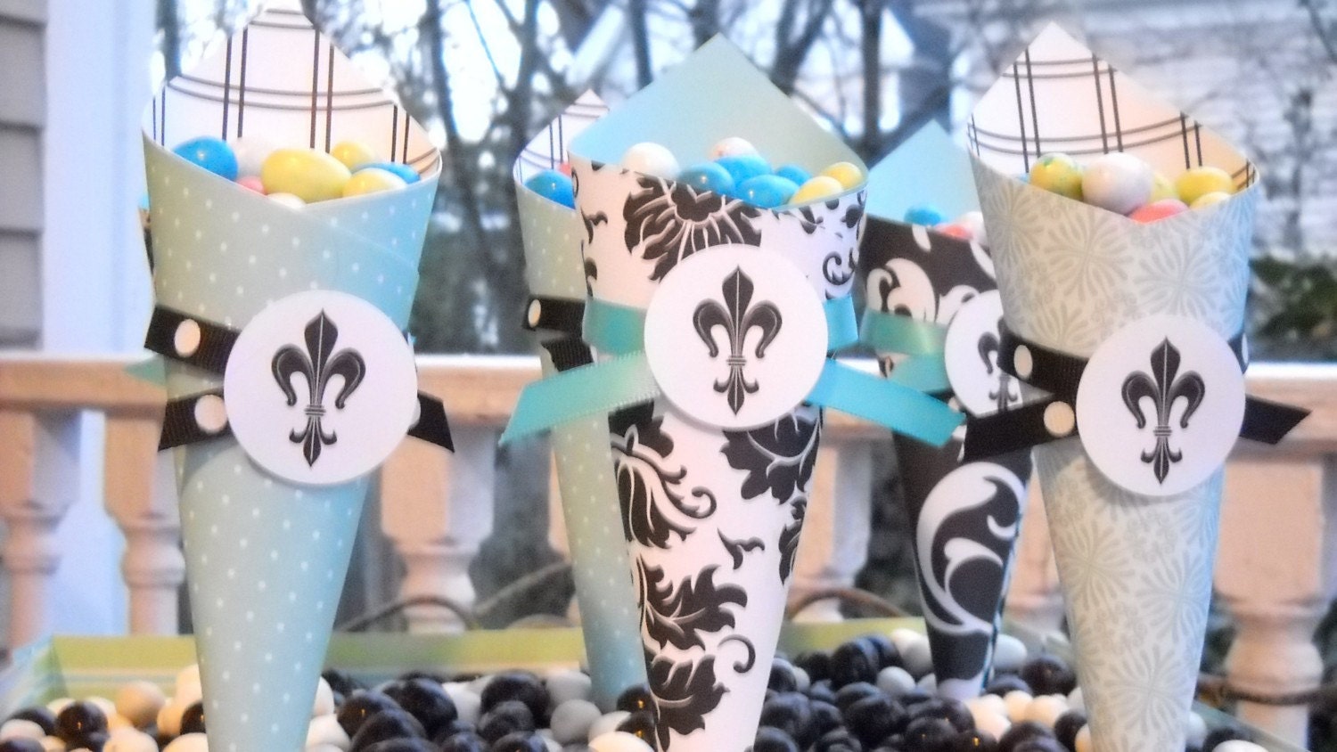 Paper cones, turquoise, black and white damask, fleur-de-lis Il_570xn