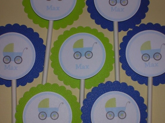Baby Shower Cupcake Toppers, cupcake picks, boy, pram, baby carriage Il_570xn