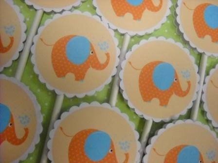 Elephant Baby Shower Cupcake Toppers, blue, orange Il_570xn