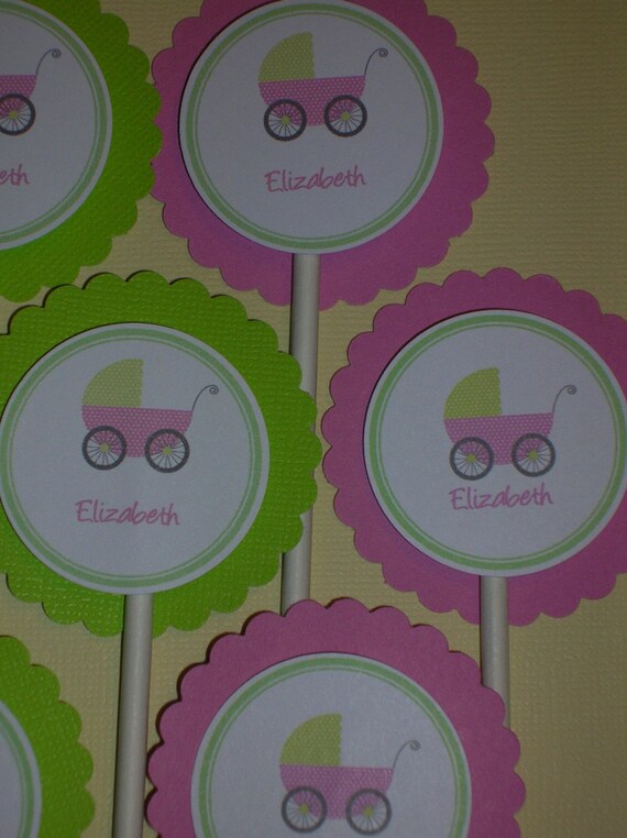 Baby Shower Cupcake Toppers, Cupcake picks, baby carriage, pink, green Il_570xn