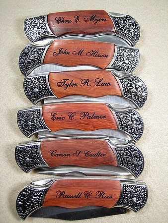 Set of 6 Personalized Engraved Rosewood Handle Pocket Hunting Knife Knives Groomsman Best Man Ring Bearer Gift