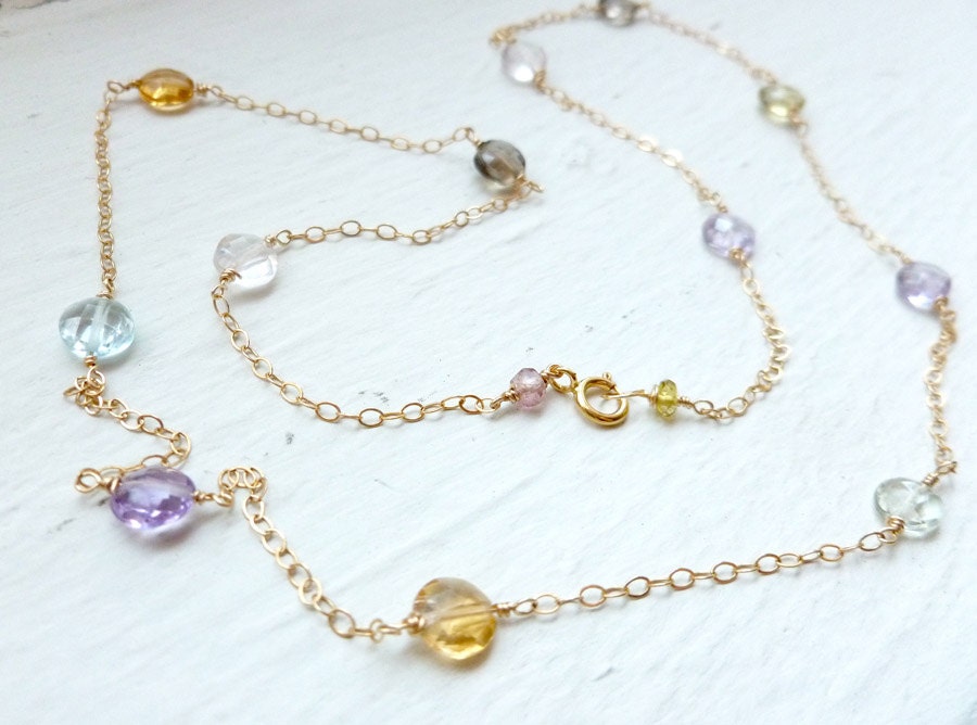 Amethyst, Blue Topaz, Citrine Coin wirewrapped necklace