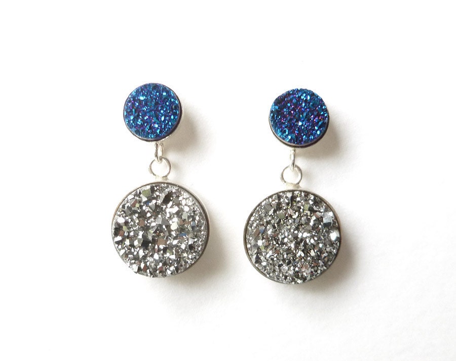 Blue and Silver Titanium Druzy Silver Earrings