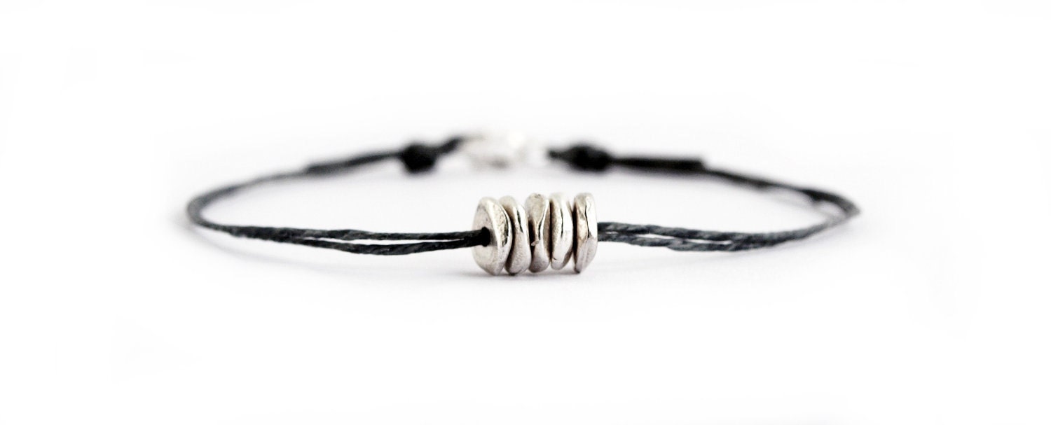 Silver Disks Bracelet on Denim Irish Linen - Simple, Bohemian, Everyday Jewelry