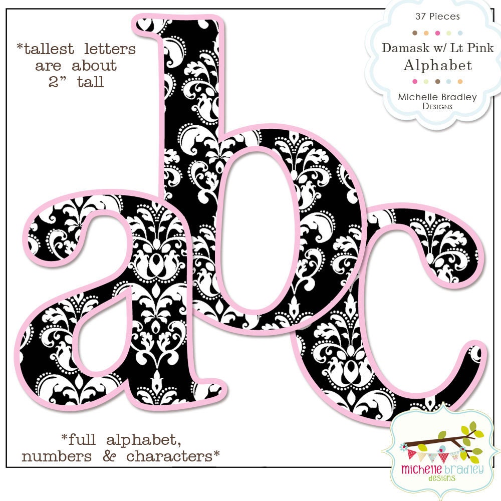 Black Damask with Light Pink Alphabet Set- Instant Download
