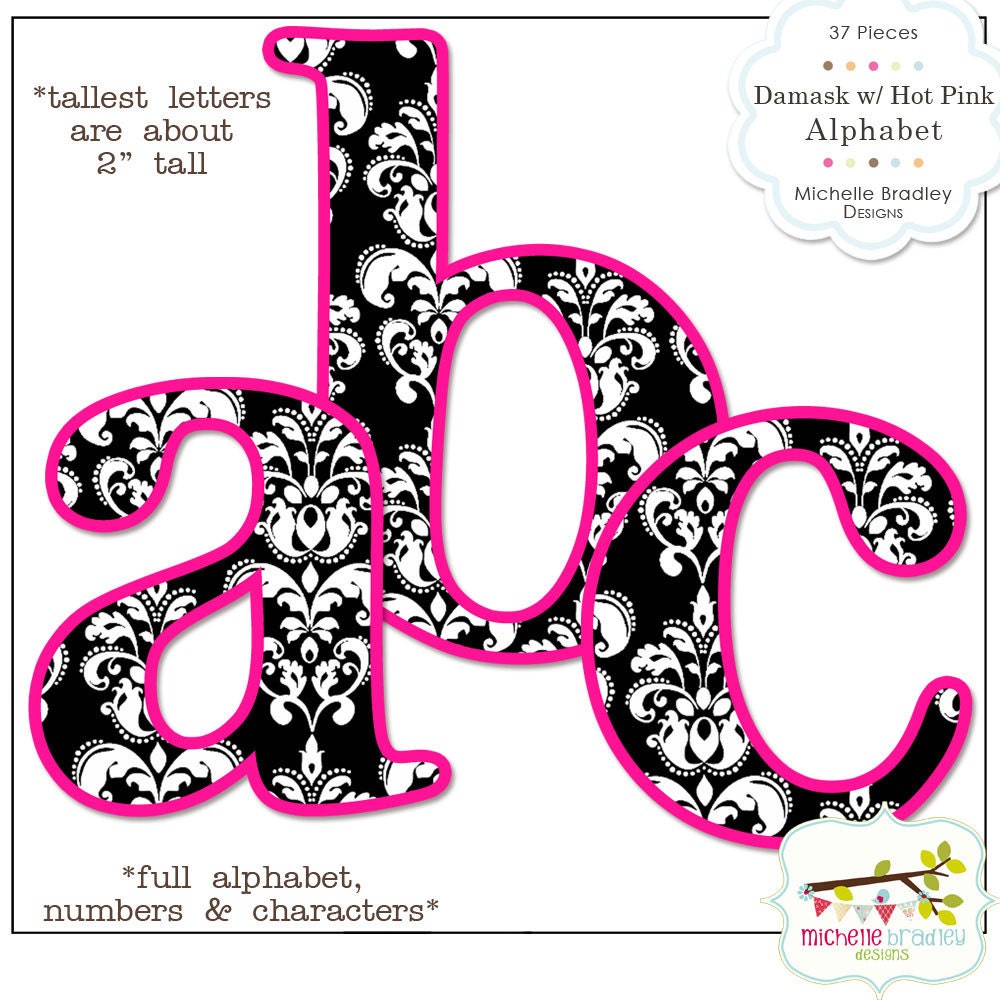 Black Damask with Hot Pink Alphabet Set- Instant Download