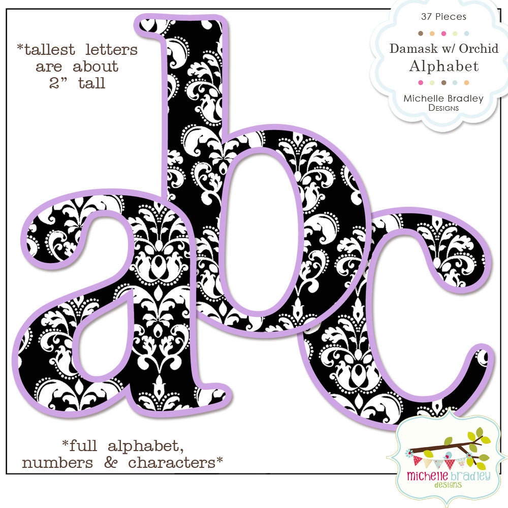 Black Damask with Orchid Alphabet Set- Instant Download