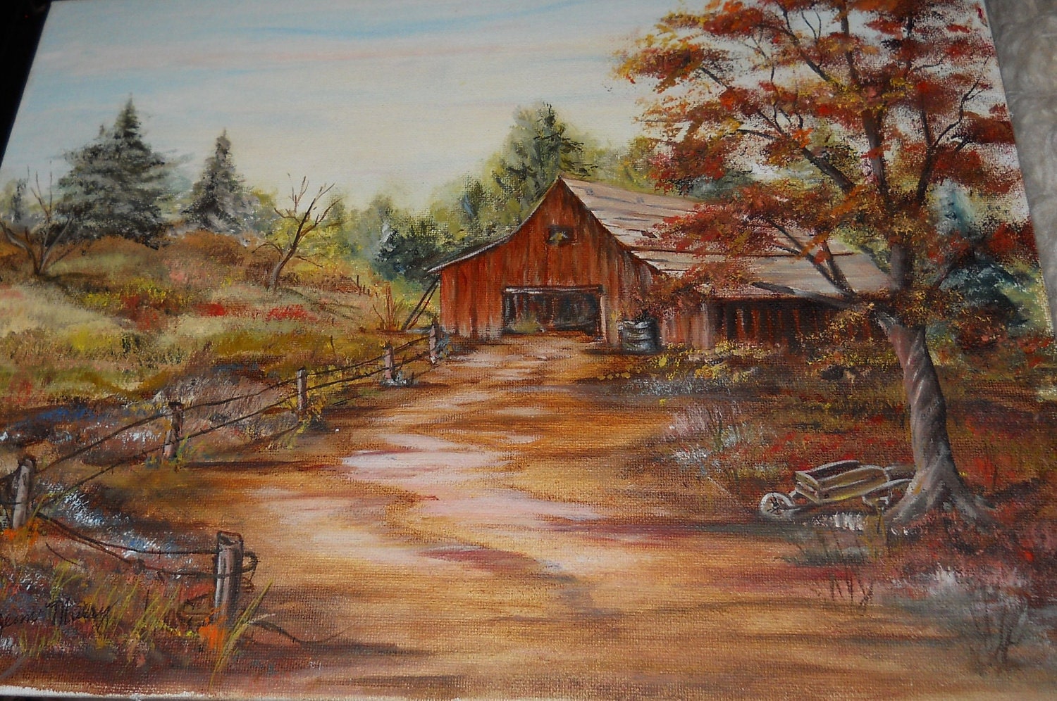 vintage signed BARN OIL PAINTING 11 x 14