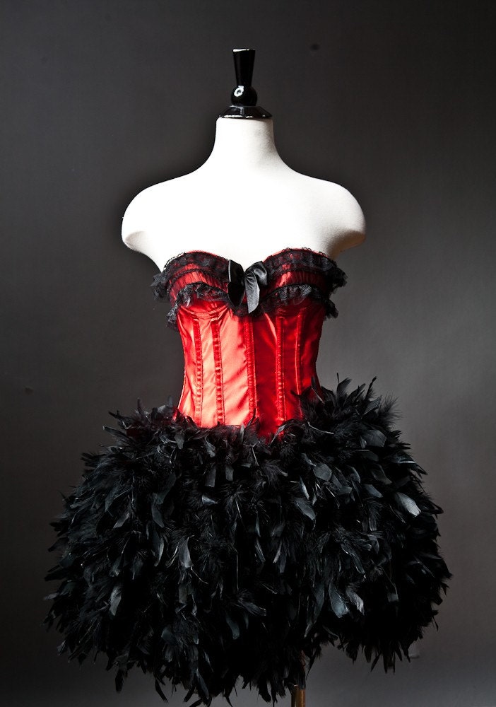 Custom size red and black burlesque feather corset prom dress