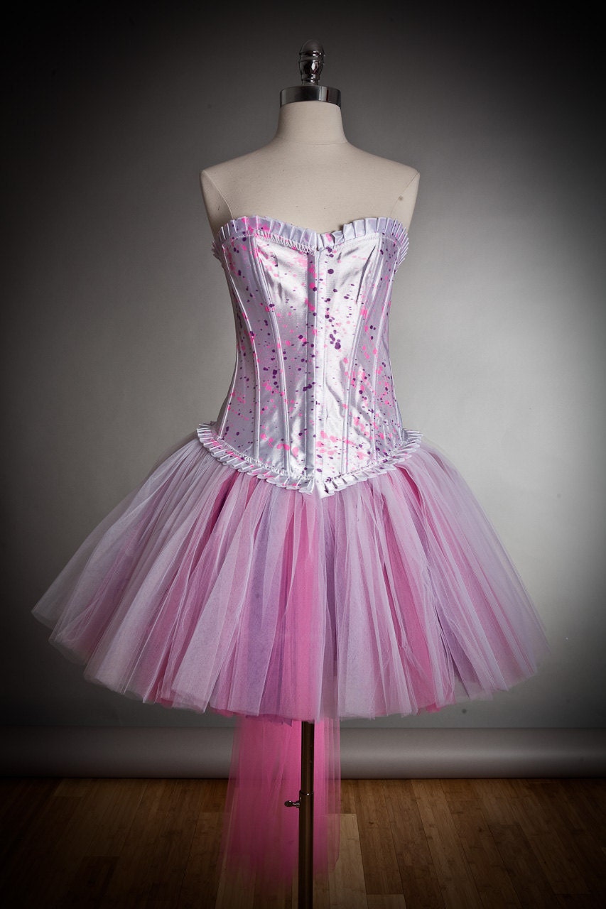 Size XL White Hot Pink and Purple splattered paint Burlesque tulle corset Prom dress  Ready to Ship