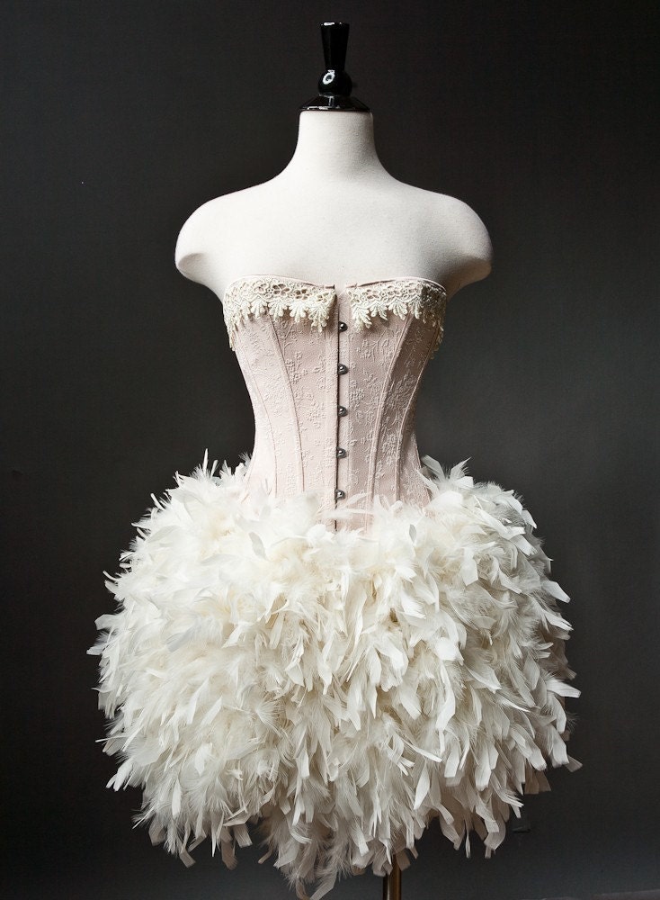 Custom Size Peach and Ivory Burlesque Feather Corset Dress