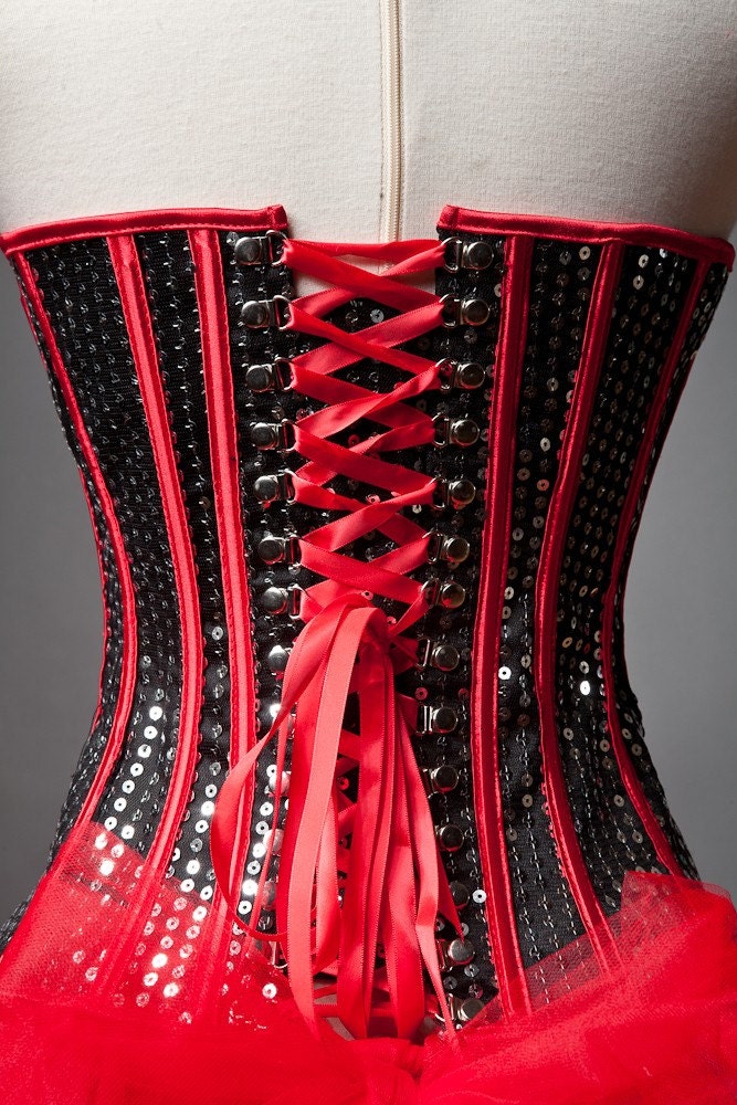 Size Medium sequin red and black burlesque corset prom dress ready to ship