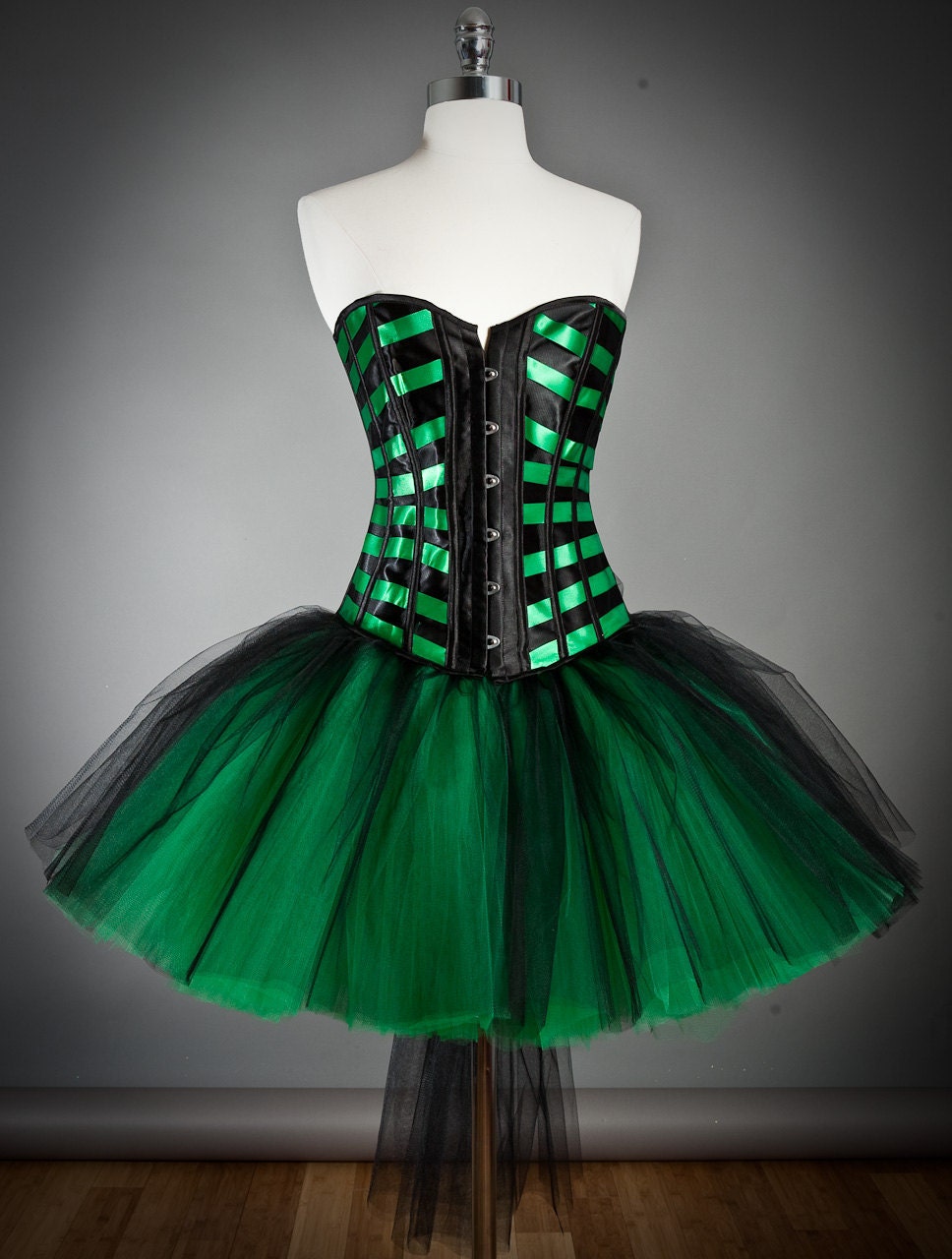 Size Medium Black and Emerald Green Burlesque tulle corset Prom dress Ready to Ship