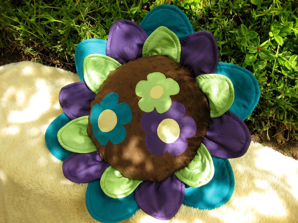 Flower Power Handmade Decorative Throw Pillow in Brown, Lime, Turquoise, and Purple