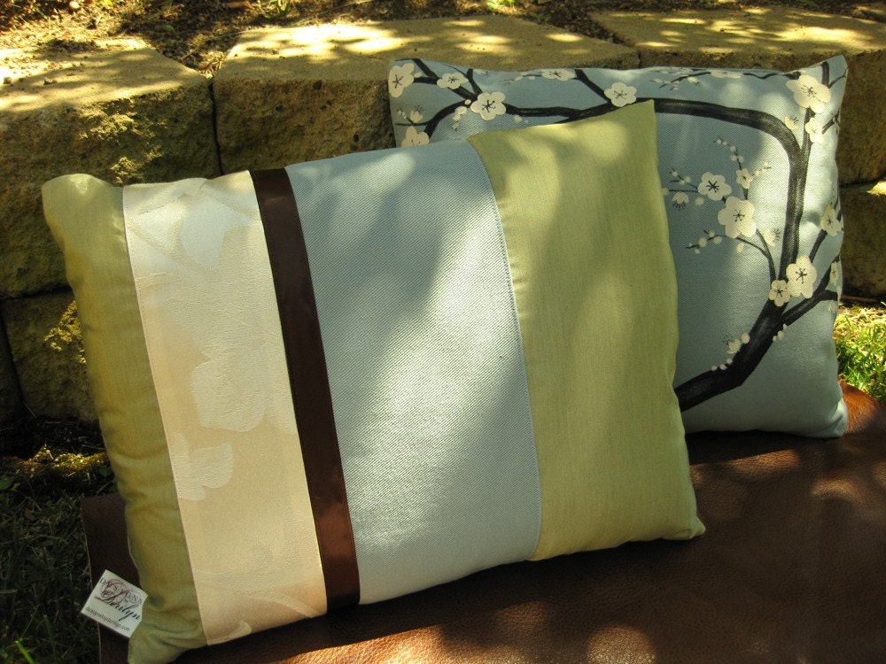 14x18 Sage, Blue, Brown and Ivory Striped Throw Pillow