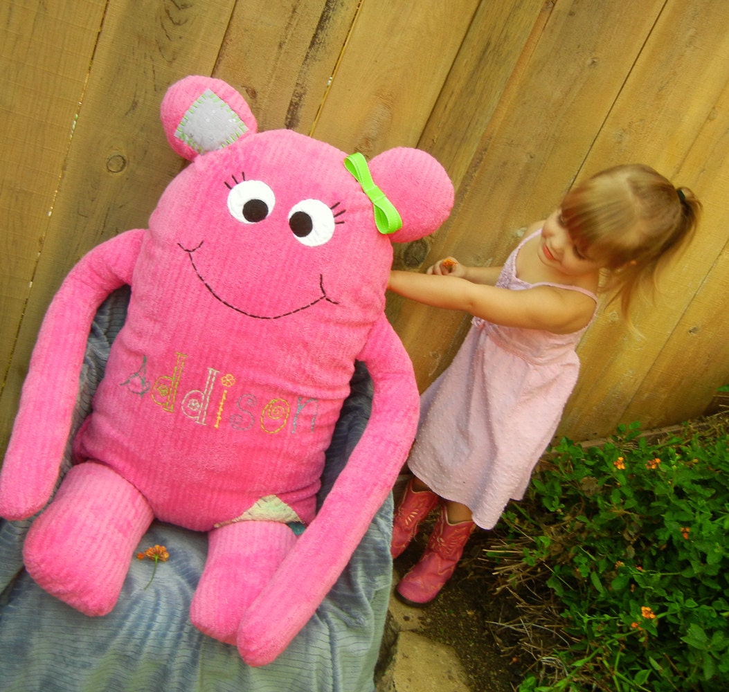 Body Pillow sized Giant Cookie Nummie Monster in Hot Pink Striped Minky Fabric with Personalized Name Embroidery - Derilyn