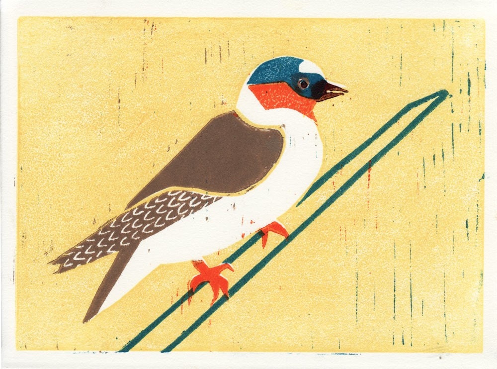 CLIFF SWALLOW loose linocut block print