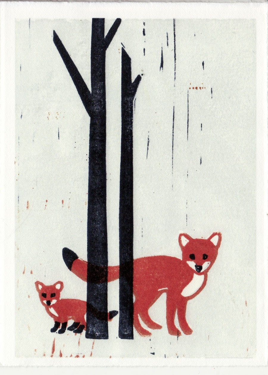FOXES reproduction linocut block print